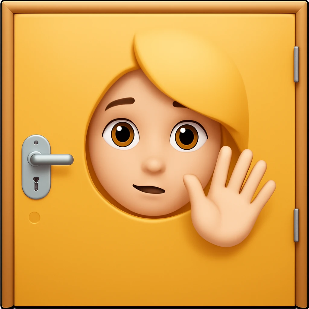 Add a hand waving to the shy face peeking out from behind a door, only face visible from the front, in emoji style. emoji