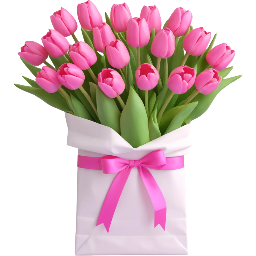 A bouquet of pink tulips in a white paper bag tied with a pink ribbon, in 3D iOS style, pastel colors, soft shadows, clean and minimalistic design. emoji
