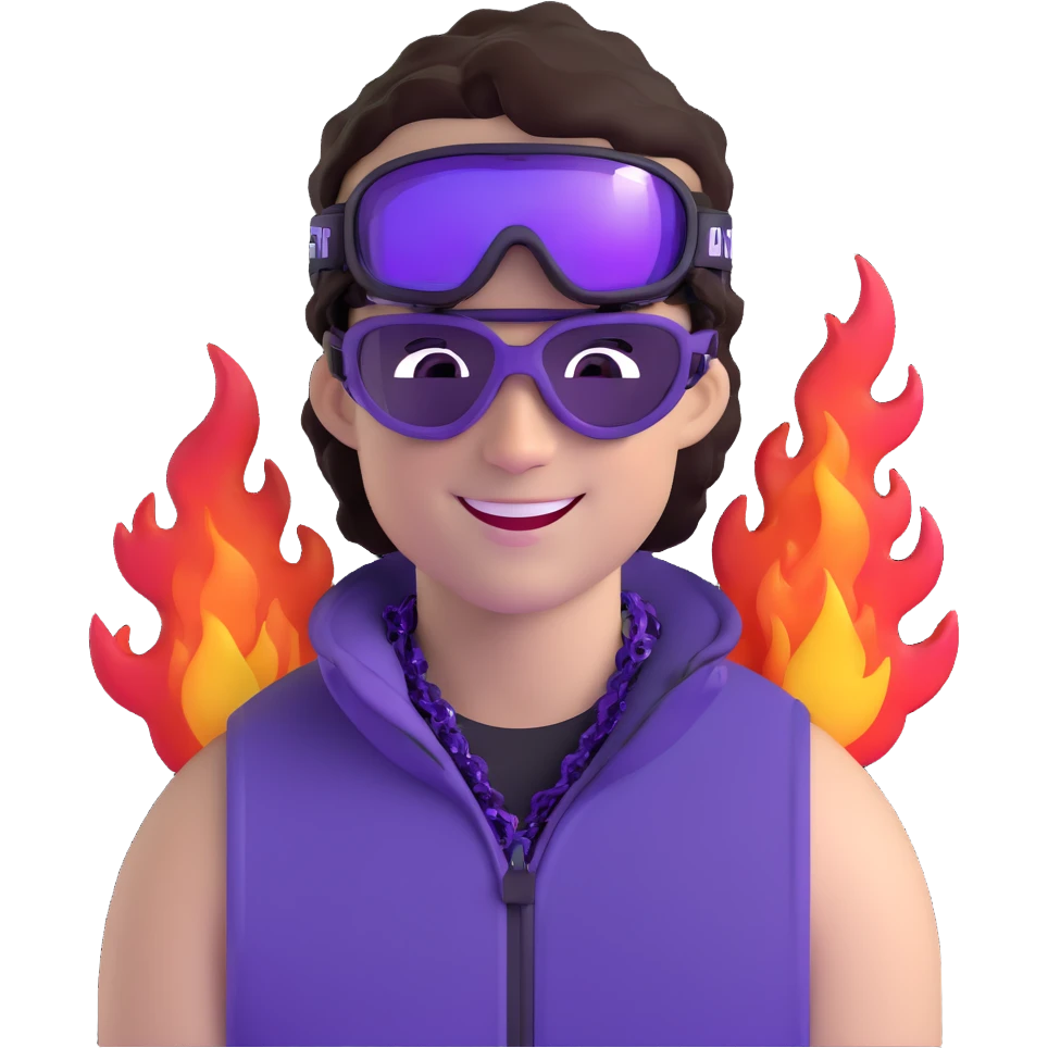 close-up of cool guy male athlete with white skin and moderately curly dark brown hair on top with shaved sides, wearing ski goggles with purple frames and very dark black lenses, winking behind the goggles, with an open mouth confident smile like a cool guy, a simple plain black chain necklace, and a completely unzipped sleeveless vest with purple and black sequin fire pattern design with no logo emoji