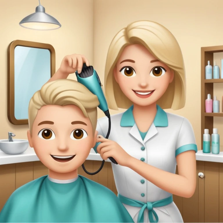 happy woman getting a haircut in a welcoming salon, both client and hairstylist smiling, no threatening elements emoji