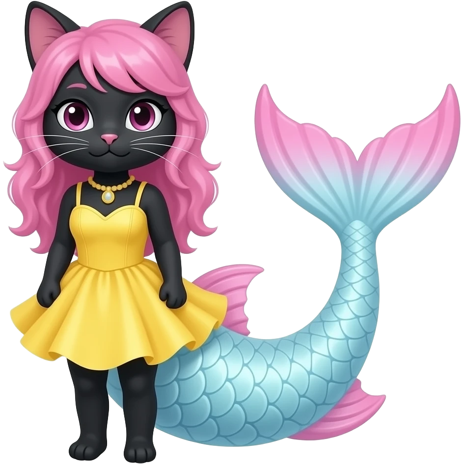 black anthro cat  with  pink hair yellow dress  attached to long cyan and white tight  long  mermaid tail with pink fins emoji