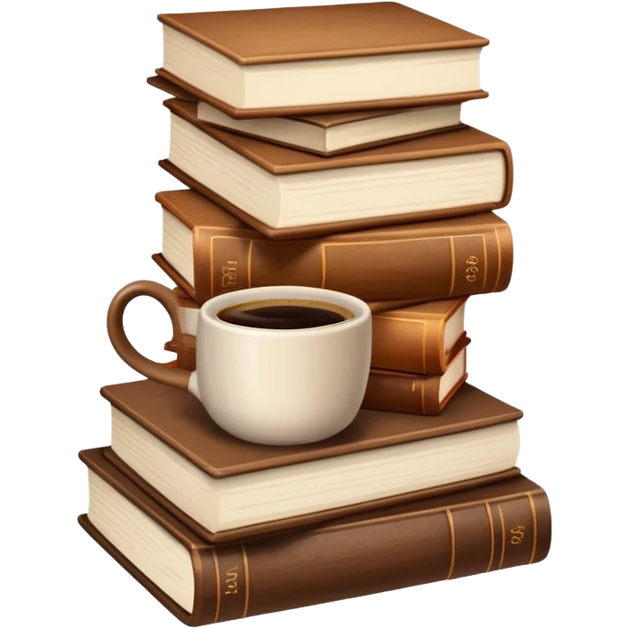 Stack of brown books with a coffee cup on top emoji