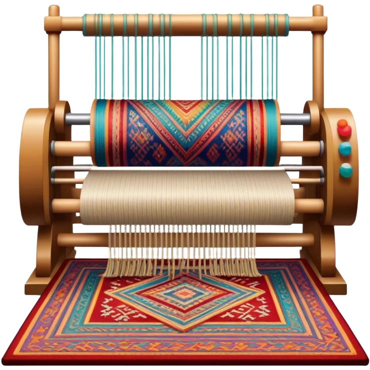 Carpet weaving icon, finished woven carpet with intricate patterns, colorful threads, weaving loom in background, minimalistic style, clean lines, transparent background. emoji