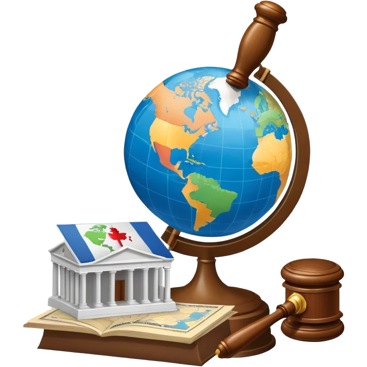 An icon featuring a globe with a gavel and a political map, symbolizing political science. The design includes a ballot box and a podium, representing democracy and governance. Transparent background highlights the study of political systems and global relations. emoji