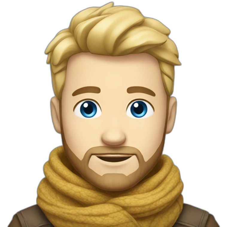 blond-guy-with-taper-fade,-top-of-hair-and-dark-blonde-beard-and-blue-eyes-and-big-nose-and-scarf-on-the-middle-of-forehead emoji