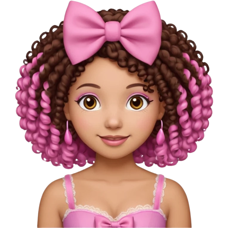 medium-light kinned afro-latina girl with medium length chocolate brown side part curly hair, brown eyes, pink sweetheart necklined top with lace, round wide-ish nose, chubby long shaped face, pink hair bow emoji