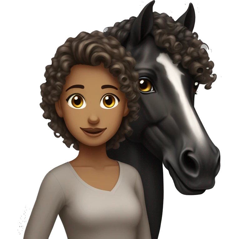 Tan girl, curly hair, beautiful hazel eyes, next to a black Arabian horse emoji
