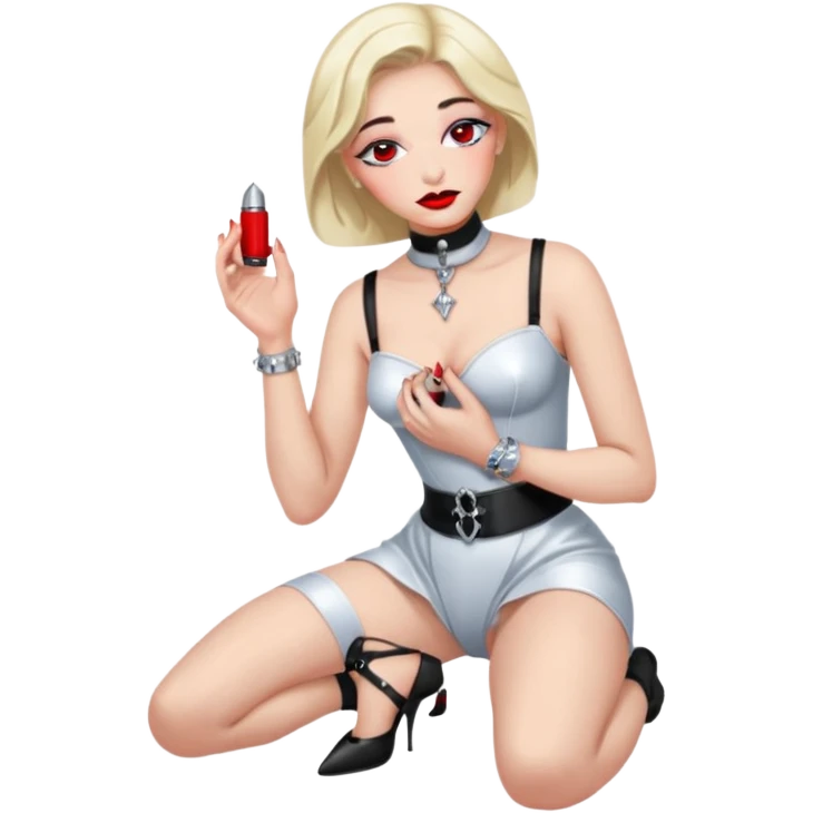 Submissive man on knees wearing female clothes and chastity emoji