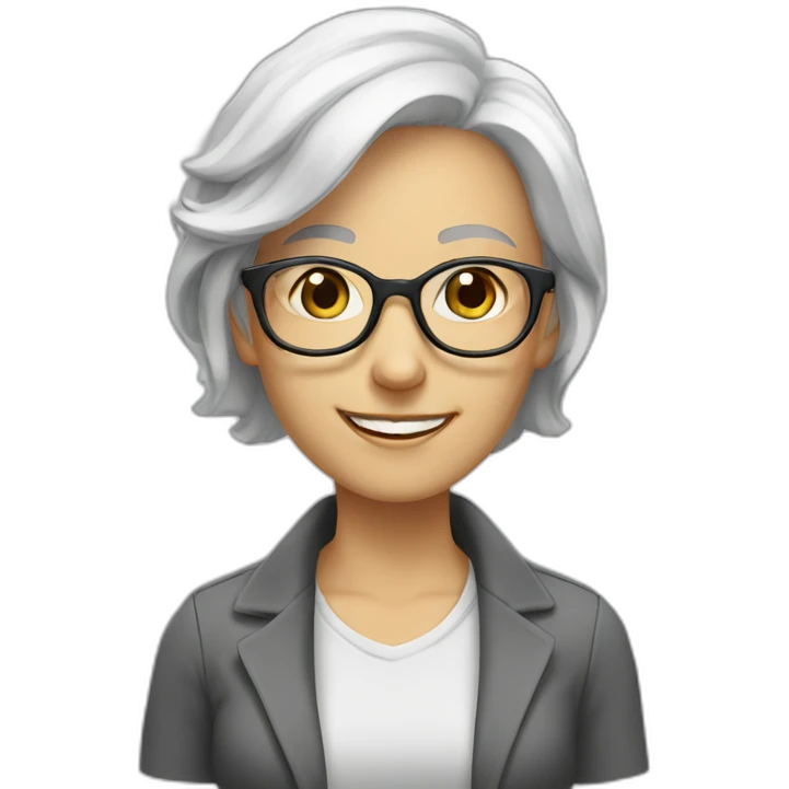 White haired Woman with glasses smiling hazel eyes eyes emoji
