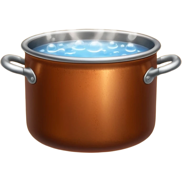 brown small metal pot filled with boiling water on a stove, visible hot steam and rising bubbles, realistic heat effect, shiny pot surface, bright lighting, clean white background emoji