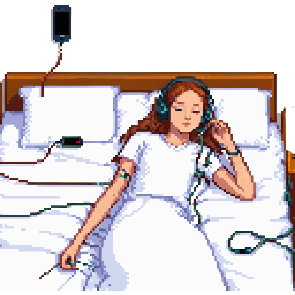 girl lying on bed comfortably listening to music with wired earphones emoji