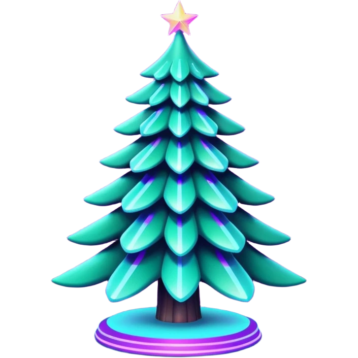 Futuristic glowing Christmas tree emoji with neon decorations, purple and cyan holographic glow, dark background, festive sparkles, no face. emoji
