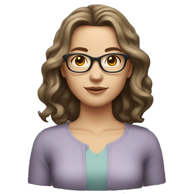 caucasian girl with brown wavy shoulder length hair, grey eyes glasses emoji