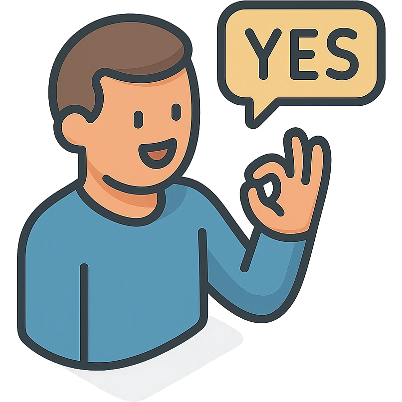 мужчина говорит - yes, и делает жест рукой в знак согласия emoji