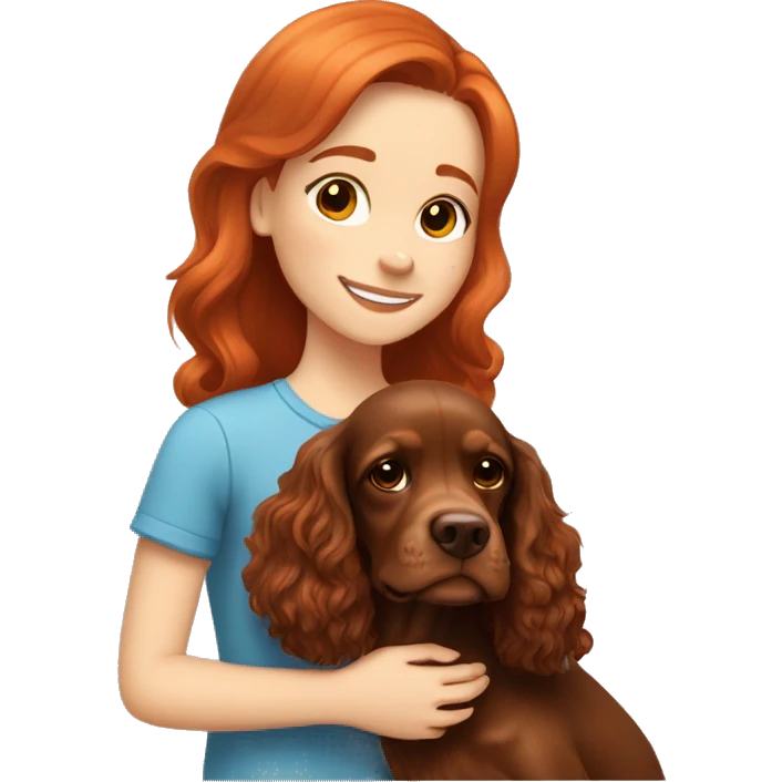 A very cute girl with red hair cuddling a happy brown English Cocker Spaniel. emoji