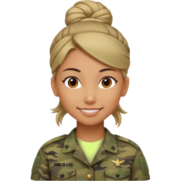 Apple-style emoji: female soldier, bust, no cap/helmet, friendly smile, generic camo top, hair in bun, soft gradients emoji