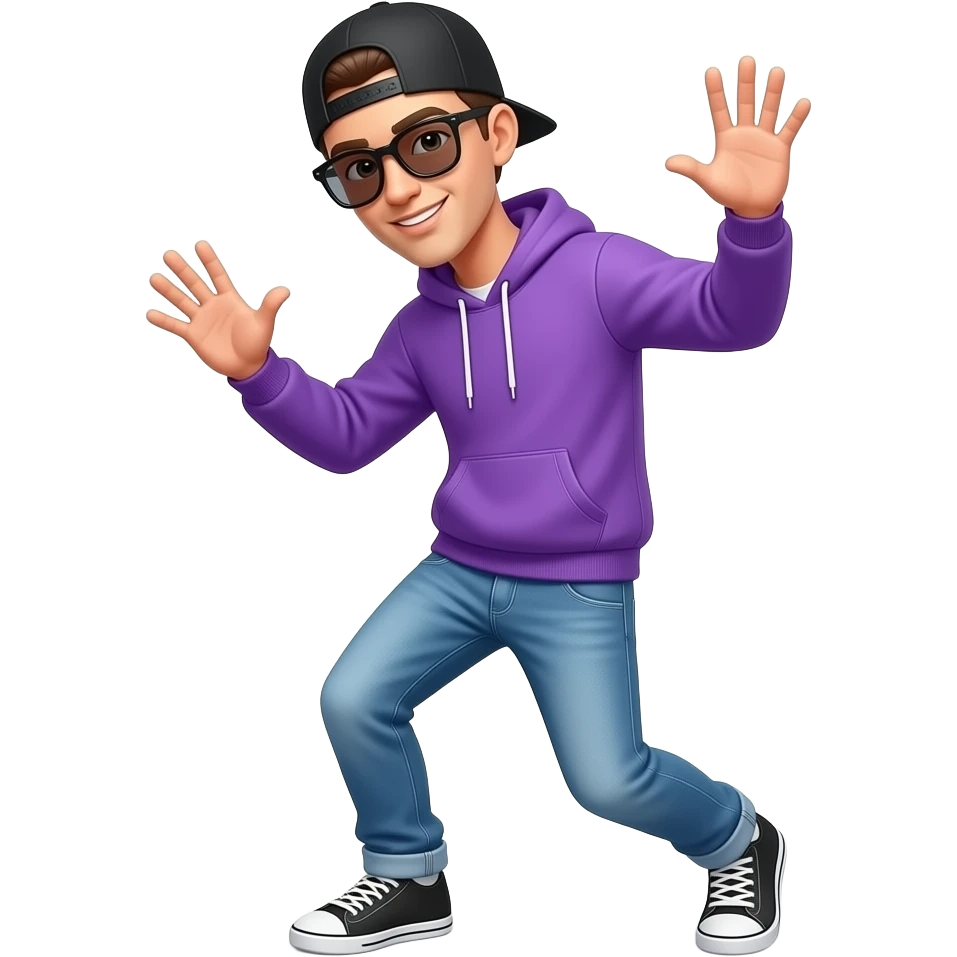 tall skinny guy with black basecap, purple hoodie, sunglasses, is breakdancing emoji