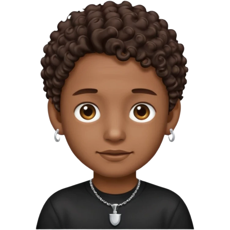 a boy emoji with a milk chocolate skin color, short dark brown curly hair with 2 silver stud earrings on both ears and 2 slits on each eyebrow and is wearing a black shirt with a silver necklace  emoji
