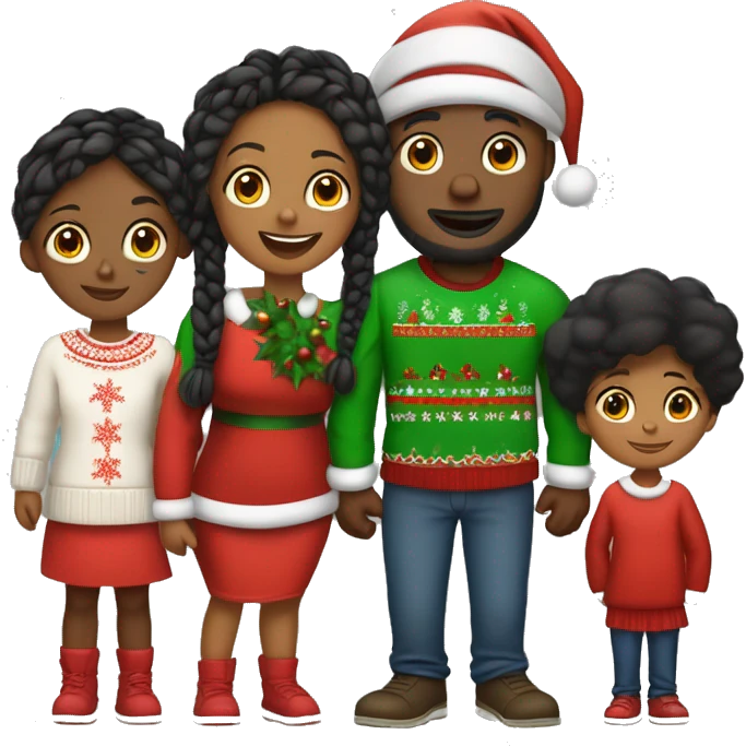 Black family of four members with Dad, Mom, Son, and Daughter. The Son and Daughter are teenagers. The Mom has braids. The Dad is light skinned.All family members are wearing Christmas sweaters and Santa hats.  emoji