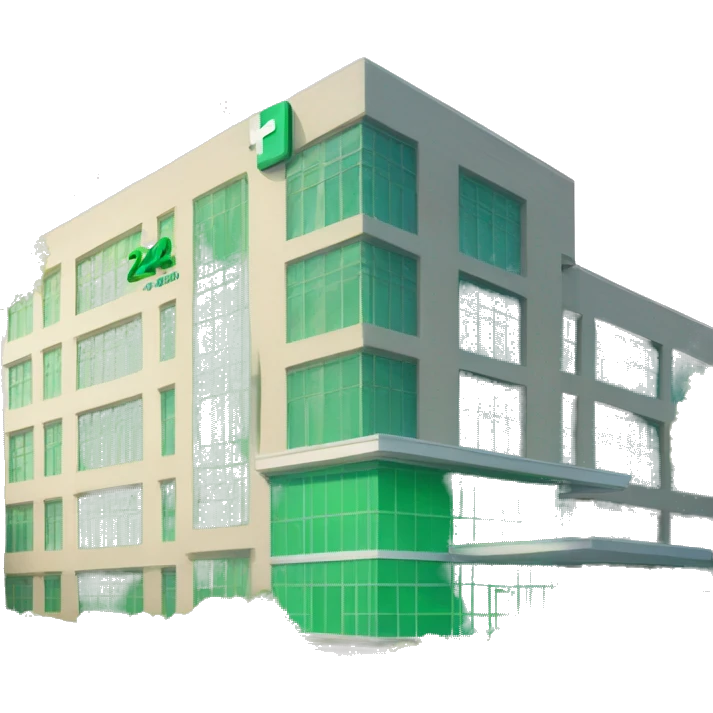 Hospital building with green sign written “24h” in it emoji