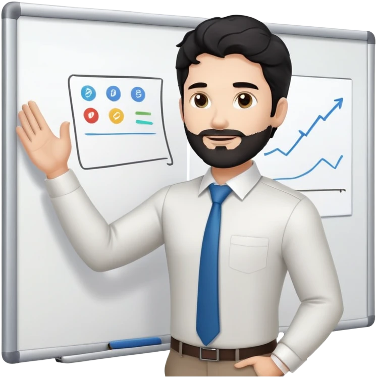 Professional 35-year-old man with black wavy hair, stubble, strong jawline, white skin tone, wearing smart casual business attire, standing in front of a diverse group, facilitating an interactive leadership workshop with whiteboard and participants emoji