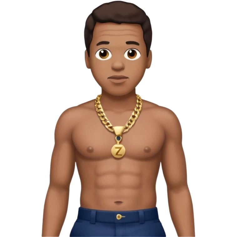 Jay-Z with dark brown hair, shirtless with necklace, metallic navy blue pants emoji