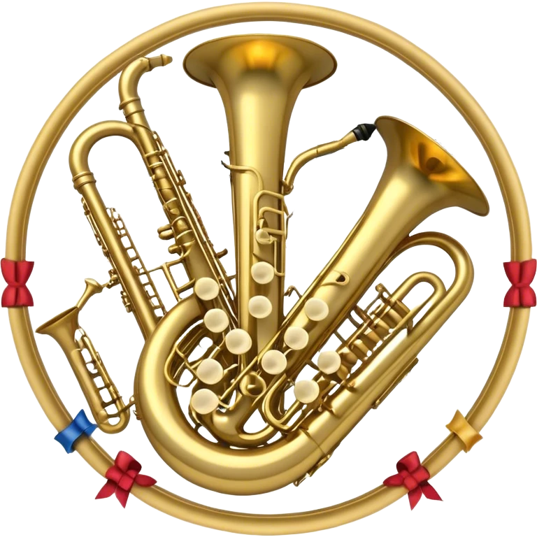 Create a complex, festive, and professional emblem-like emoji representing wind instruments. The design should resemble a heraldic crest, featuring iconic brass and woodwind instruments such as a trumpet, saxophone, clarinet, flute, trombone, and tuba, symmetrically arranged in a balanced composition. A flowing ribbon of musical notes should elegantly weave around the instruments, intertwining with their curves, bells, and mouthpieces, creating a dynamic and harmonious effect. The instruments should have rich metallic tones—gold for brass and silver for woodwinds—with polished highlights and intricate details on the keys and valves. Decorative elements such as elegant scrollwork, laurels, or subtle engravings should enhance the grandeur of the design, making it look celebratory and prestigious. The overall composition should be visually complete, refined, and suitable as a standalone emblem. The background should be transparent. emoji