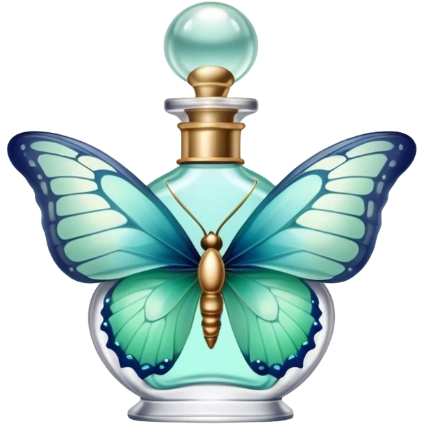 A delicate butterfly with pastel green and blue wings resting on a vintage glass perfume bottle with golden details. emoji