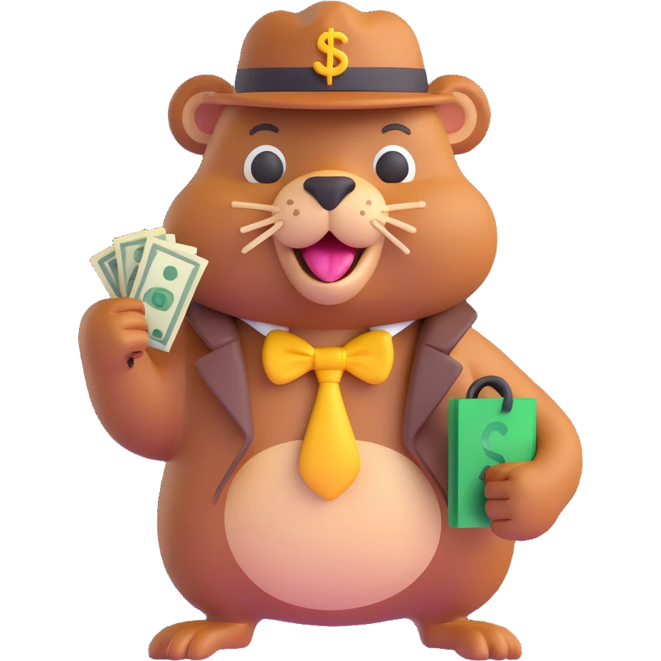 3D emoji style beaver holding a money bag, wearing a flashy ring and a toothpick, gangster look emoji