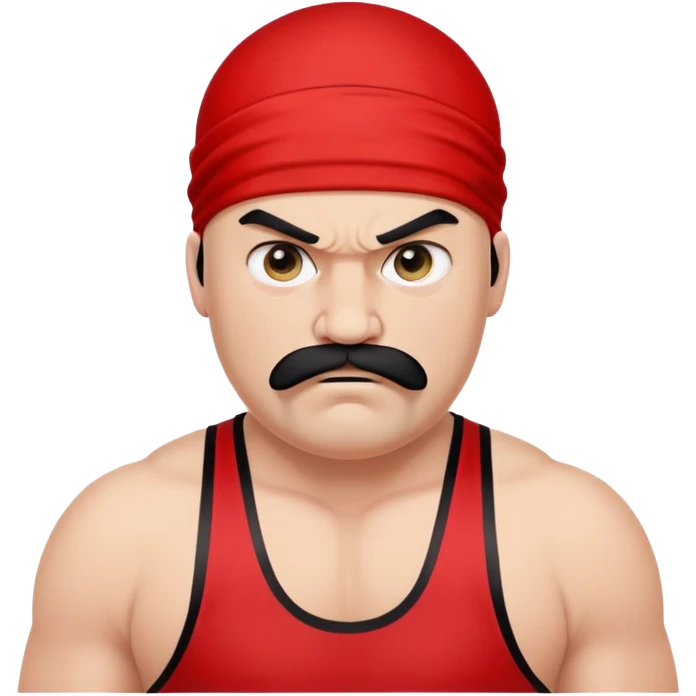 White skin fat guy with prominent black durag, short black beard and mustache, black eyes in a red and black wrestling singlet with angry face emoji