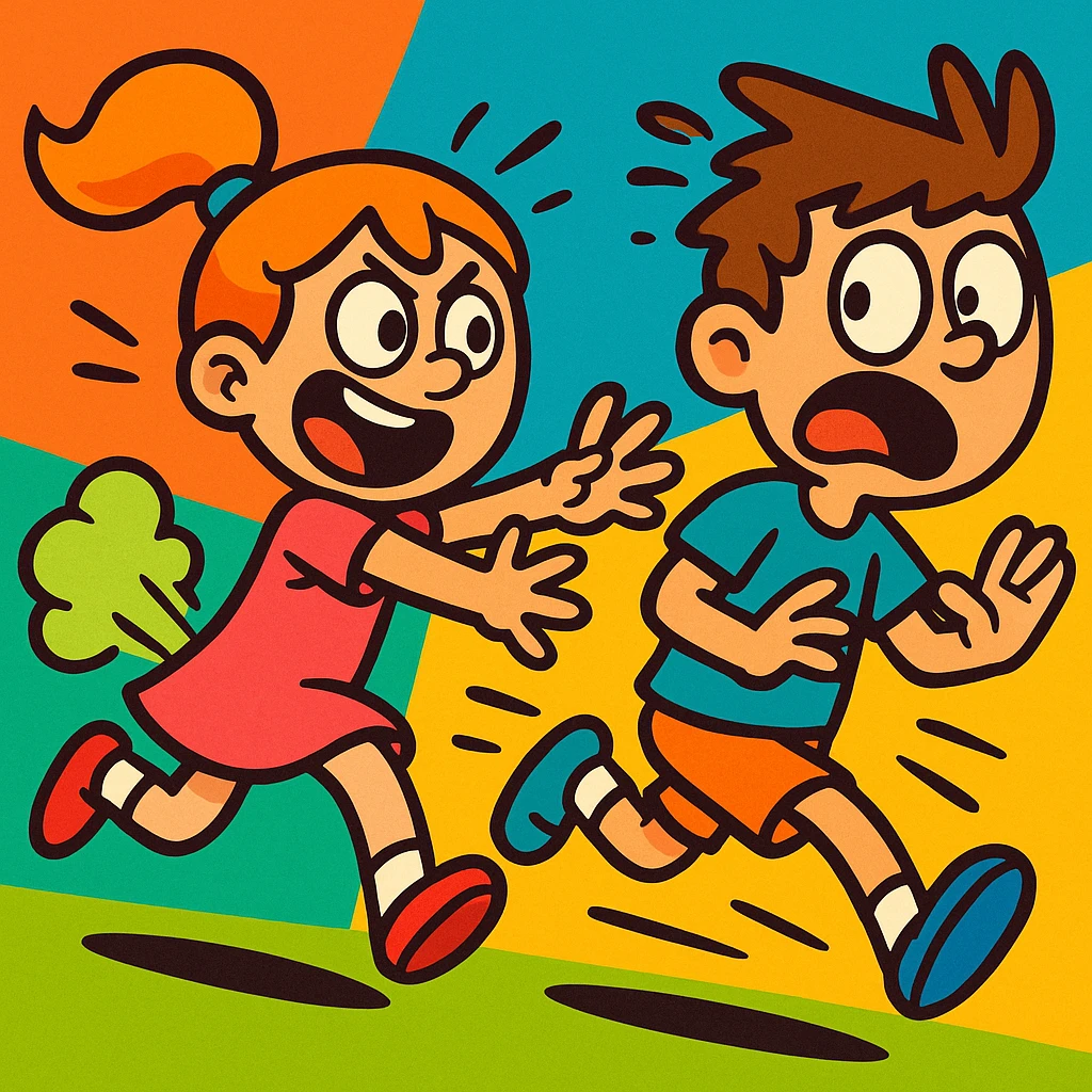 girl farting while chasing a boy, cartoon style, exaggerated expressions, vibrant toon style, colorful, playful, energetic emoji