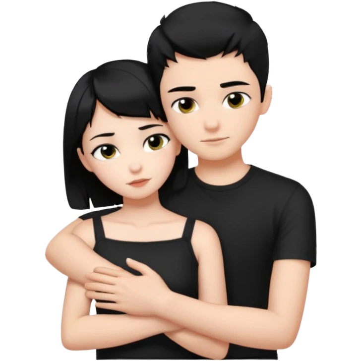 A girl with black hair length at collarbone and black pupils wearing a black short top with black hair shaved on both sides and only the top has hair hairstyle and a boy wearing a white short-sleeved shirt hugging each other emoji