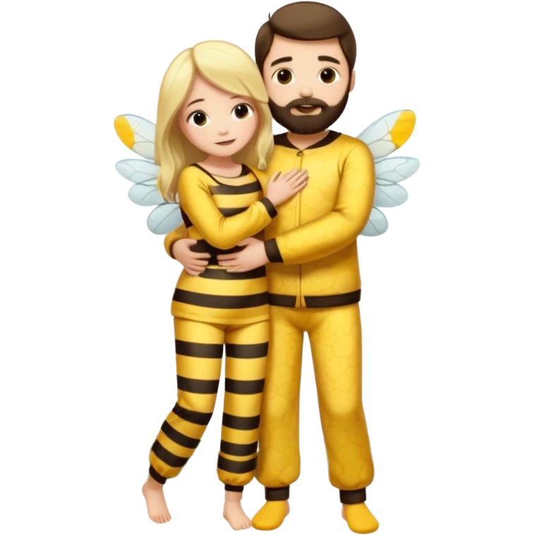  Man long dark brown hair, white skin, medium beard, full body in cute bee pijama hugging a woman with blonde hair in a flower suit  emoji
