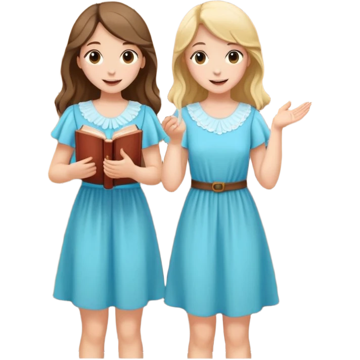 Two girls knocking on a door with a book on their hand happy and nice flowy dresses emoji