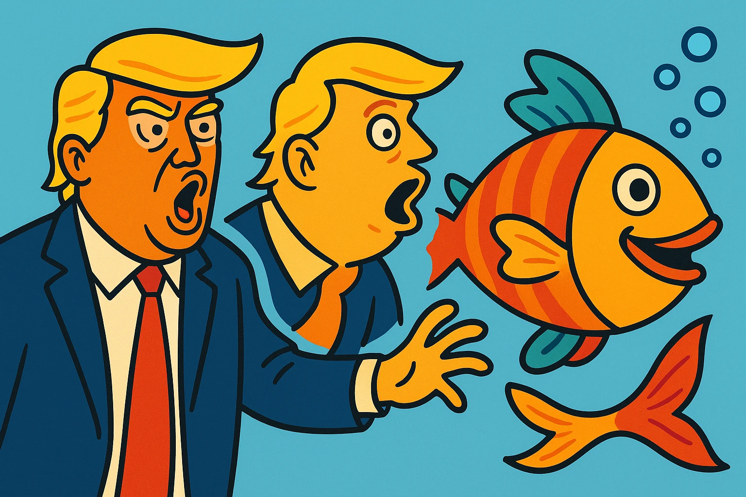 Donald Trump transforming into a fish, playful and cartoonish style emoji