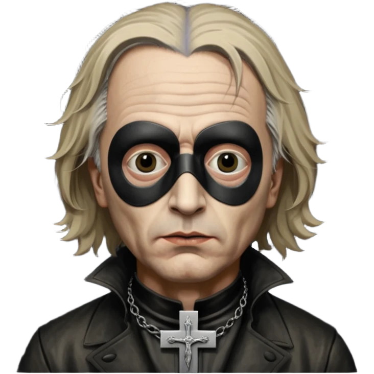 cinematic ultra HD portrait of Joel-Peter Witkin,  he wears a small black mask, a small crucifix is ​​sewn onto the black mask between the eyes of the portrait, he wears a worn leather coat and very disheveled hair emoji