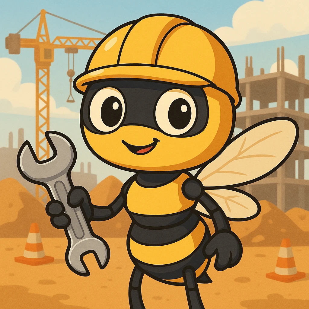 worker drone, cartoon style, friendly eyes, holding a wrench, construction site background emoji