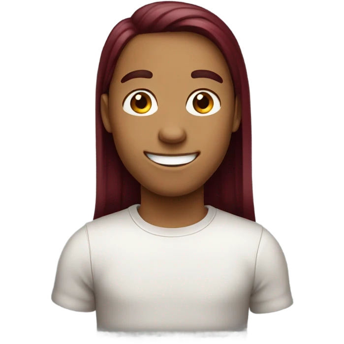 A boy with burgundy hair. His hair is long and straight. He doesn't wear glasses and is smiling.
 emoji