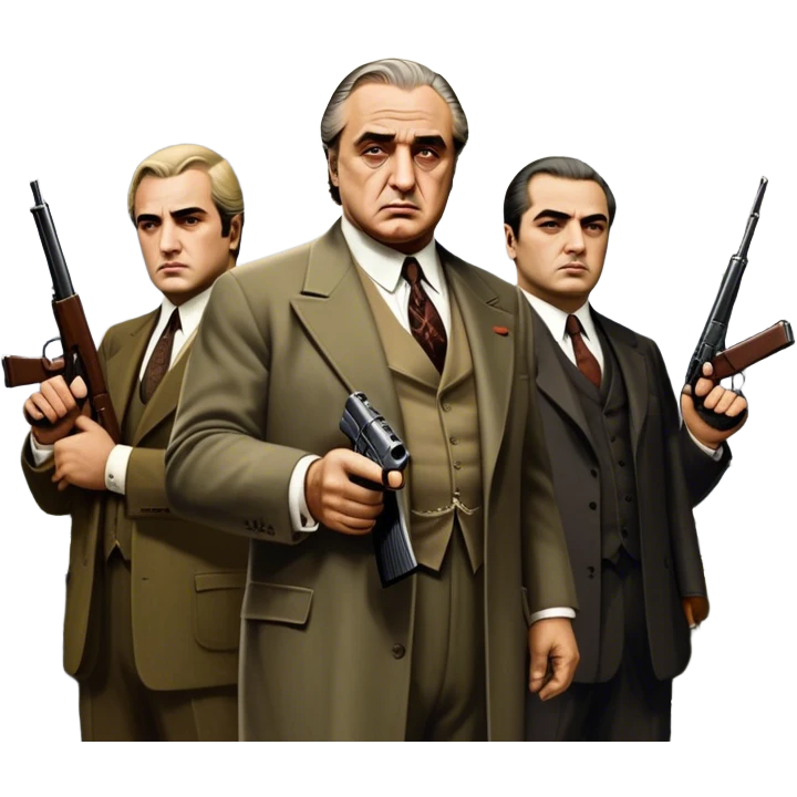 A vintage movie poster-style design featuring Don Vito Corleone surrounded by gangsters with Tommy guns. Include a dark, moody noir atmosphere with skyscrapers of New York in the background. The scene should be tense and mysterious, with a retro cinematic feel. Transparent background. emoji