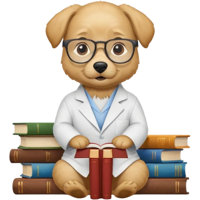 Wise dog with glasses, wearing a lab coat, perched on a stack of books. emoji