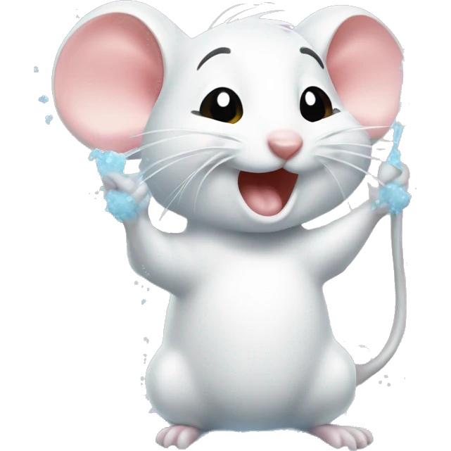 Cute white mouse scrubbing himself in a bubbly shower emoji