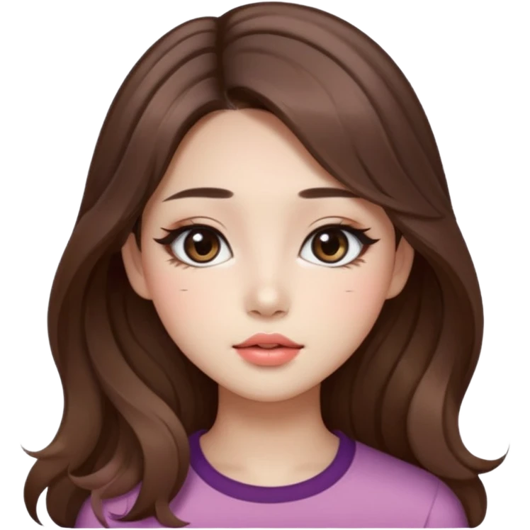 “korean straight brown hair Emoji girl, soft eyeliner and blush, gradient lips, light brown shimmer eyeshadow, long wavy hair,  emoji
