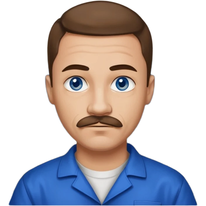 Graffiti from Lockdown with light skin, blue eyes, brown hair and thin mustache , cobalt blue inmate outfit  emoji