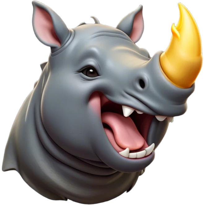 Cinematic Cute Yawning Rhinoceros Portrait Emoji, Head tilted slightly with a dramatic, wide-open yawn, showcasing a soft, textured slate-gray hide with a slightly drooping horn and eyes barely open in drowsy contentment, Simplified yet irresistibly adorable features, highly detailed, glowing with a soft, cozy glow, high shine, relaxed yet expressive, stylized with a touch of rugged whimsy, bright and endearing, soft glowing outline, capturing the essence of a sleepy yet affectionate rhinoceros, so drowsy it feels like it could stretch out of the screen and curl up for a nap! emoji