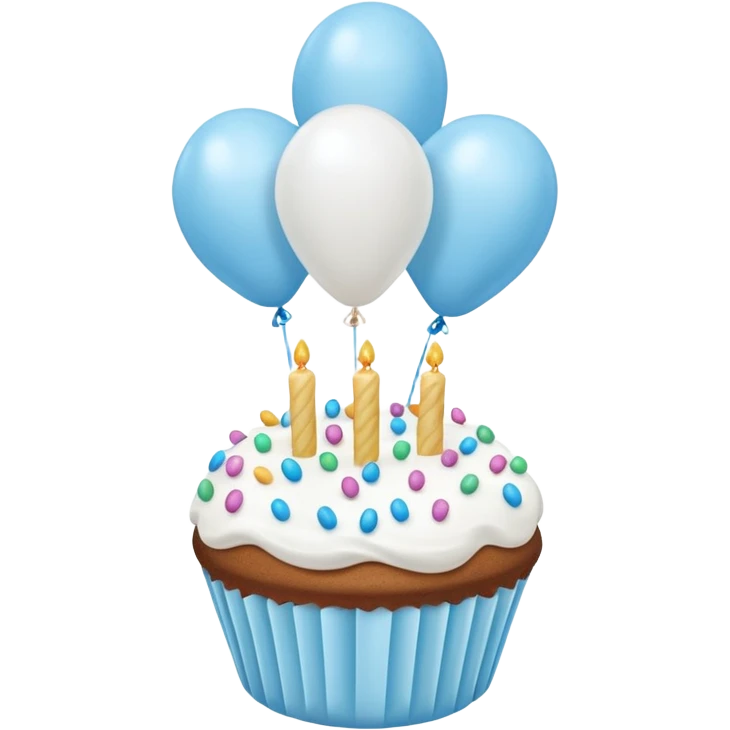 Please make some balloons that are light blue, and place a small cake underneath them. Make the balloons long and make more balloons. emoji