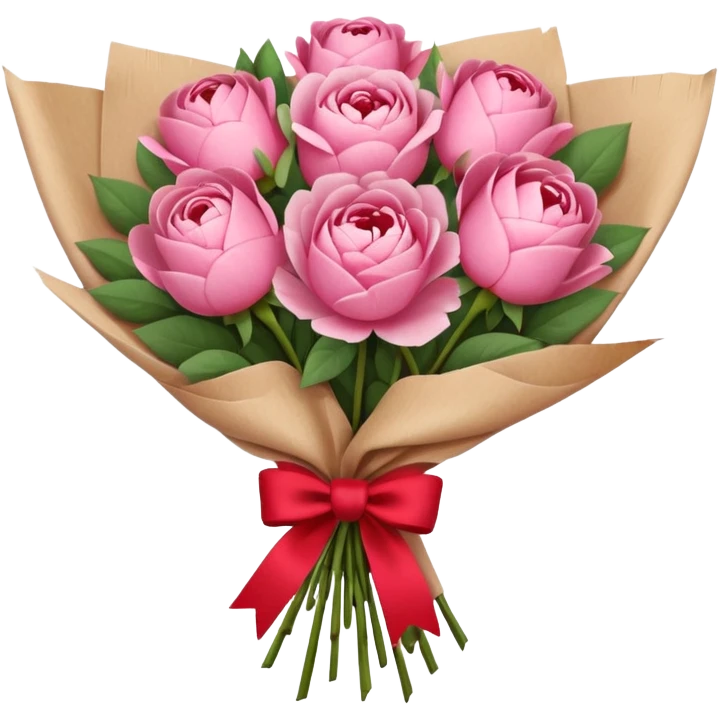 Bouquet of pink flower like rose and peony wrapped in kraft paper with red bow emoji
