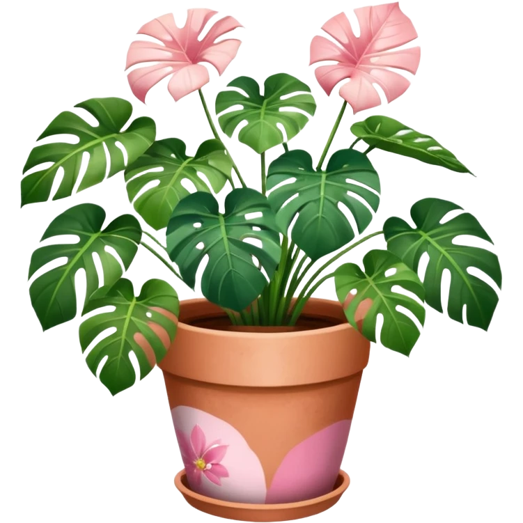 monstera plant in a plant pot in terra cota with white and pink flowers hand painted on the pot  emoji