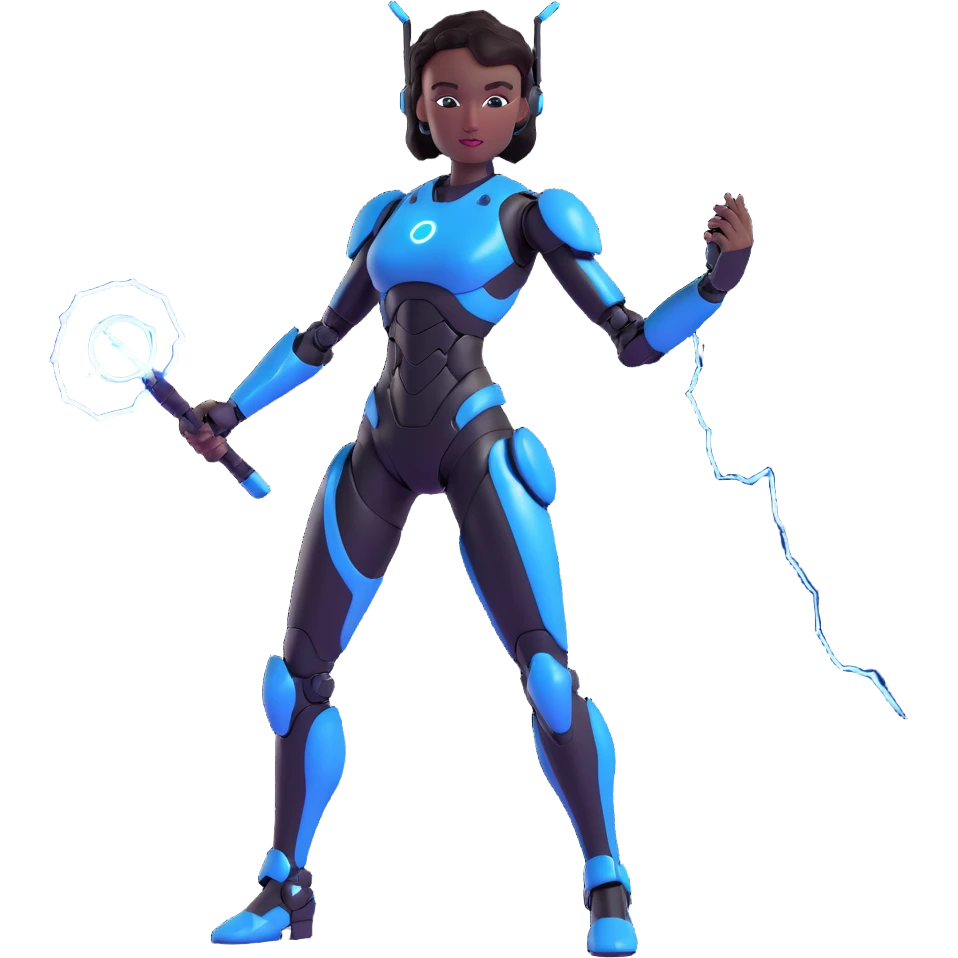 emoji style: slender, glossy black female robot, confident pose, small ear pieces, holding a realistic blue lightning whip, pink hex pattern on thighs and biceps, no grainy or aged look emoji