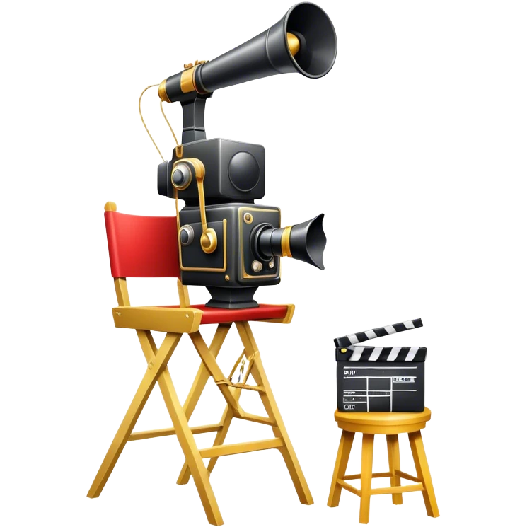 Icon for Directing: a director's chair, a large film camera, a megaphone, a stage set with lights and an Oscar statuette. The icon should represent the creative and leadership aspects of directing, with focus on film and theater production. Transparent background. emoji