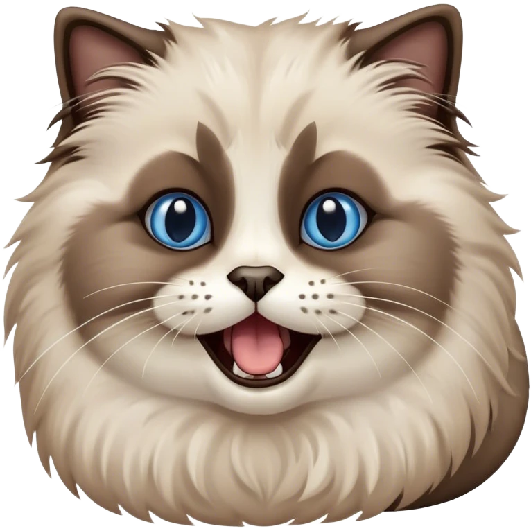 Cinematic Adorable Fluffy Brown Seal Ragdoll Cat Portrait Emoji, Head tilted cutely with big, sparkling blue eyes, soft brown seal-colored fur with darker points on the ears, face, and paws, Simplified yet irresistibly adorable features, highly detailed, glowing with a soft, warm glow, high shine, yawning in a peaceful and playful manner, stylized with a touch of whimsy, bright and endearing, soft glowing outline, capturing the essence of a relaxed and loving kitten, so cute it feels like it could leap out of the screen and stretch into a cozy nap! emoji